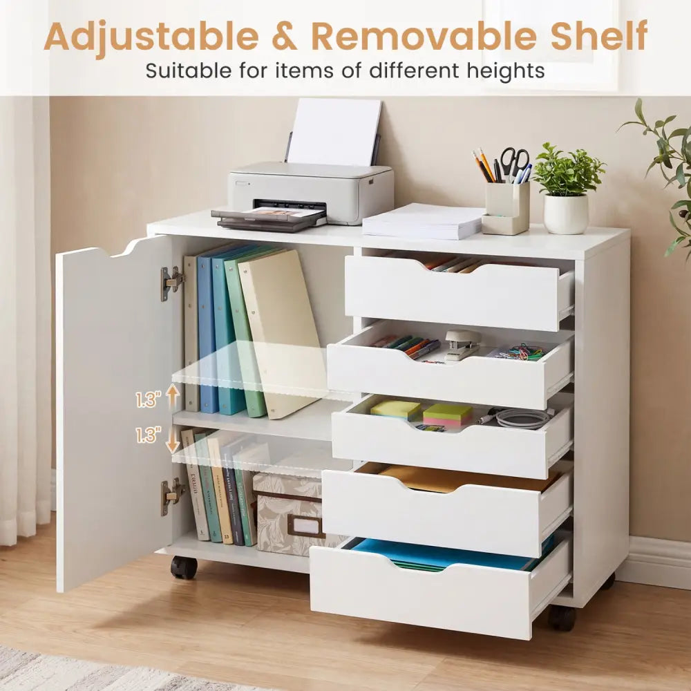 5 Drawer Storage Cabinet on Wheels with Adjustable Shelf-White - White - File Cabinets