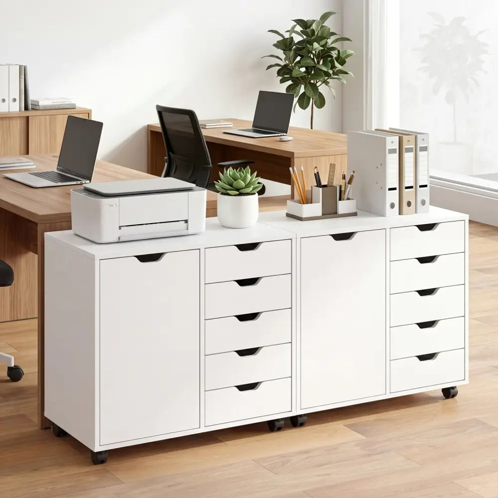 5 Drawer Storage Cabinet on Wheels with Adjustable Shelf-White - White - File Cabinets