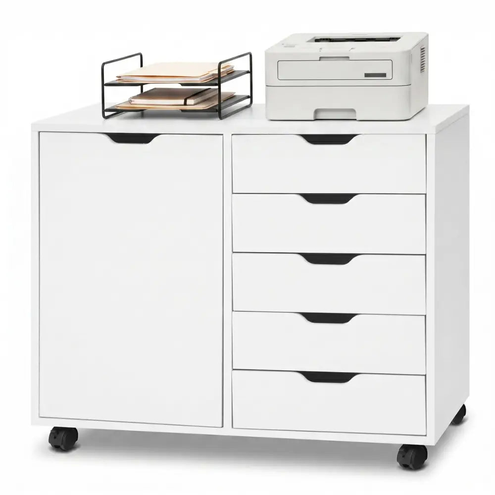 5 Drawer Storage Cabinet on Wheels with Adjustable Shelf-White - White - File Cabinets