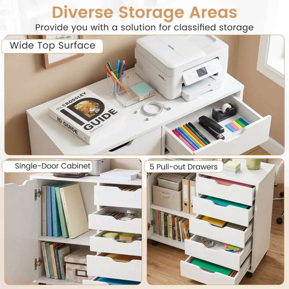 5 Drawer Storage Cabinet on Wheels with Adjustable Shelf-White - White - File Cabinets