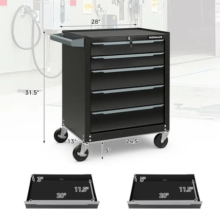 5-Drawer Tool Storage Cabinet with Hanging Holes and Central Keyed Locking System-Black - Black - Garden Tools