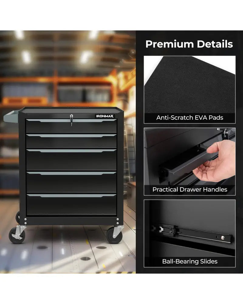 5-Drawer Tool Storage Cabinet with Hanging Holes and Central Keyed Locking System-Black - Black - Garden Tools