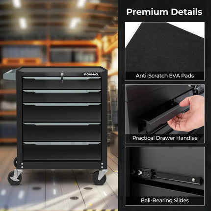 5-Drawer Tool Storage Cabinet with Hanging Holes and Central Keyed Locking System-Black - Black - Garden Tools