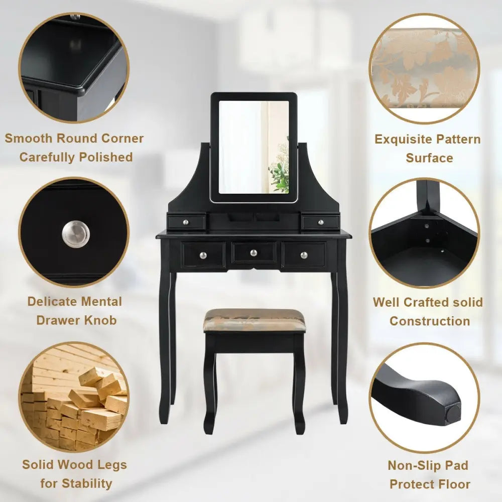 5 Drawers Removable Box Makeup Dressing Vanity Set-Black Costway