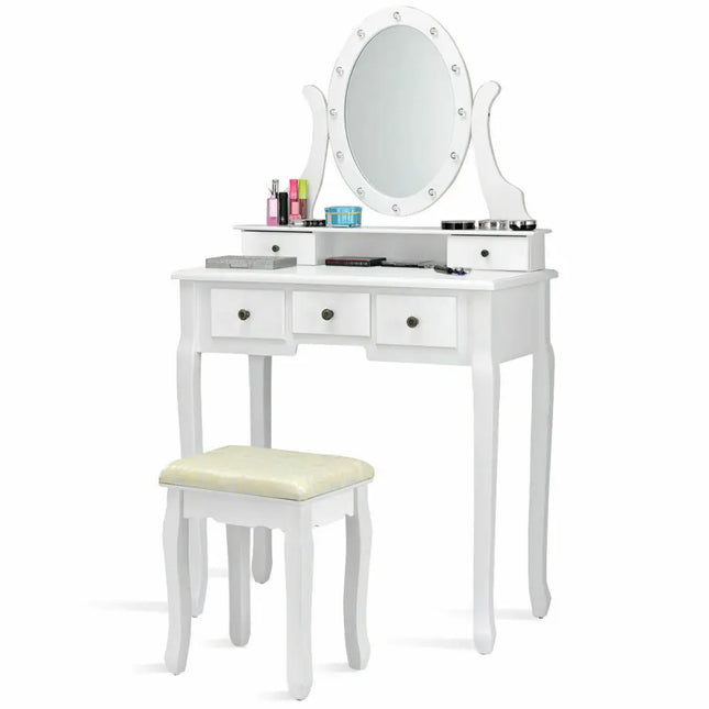 5 Drawers Vanity Dressing Table Stool Set with 12 LED Bulbs - White - Makeup Vanities