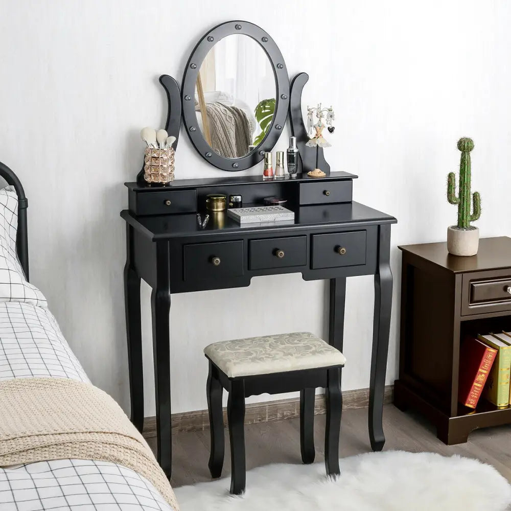 5 Drawers Vanity Table Stool Set with 12-LED Bulbs-Black - Black - Makeup Vanities