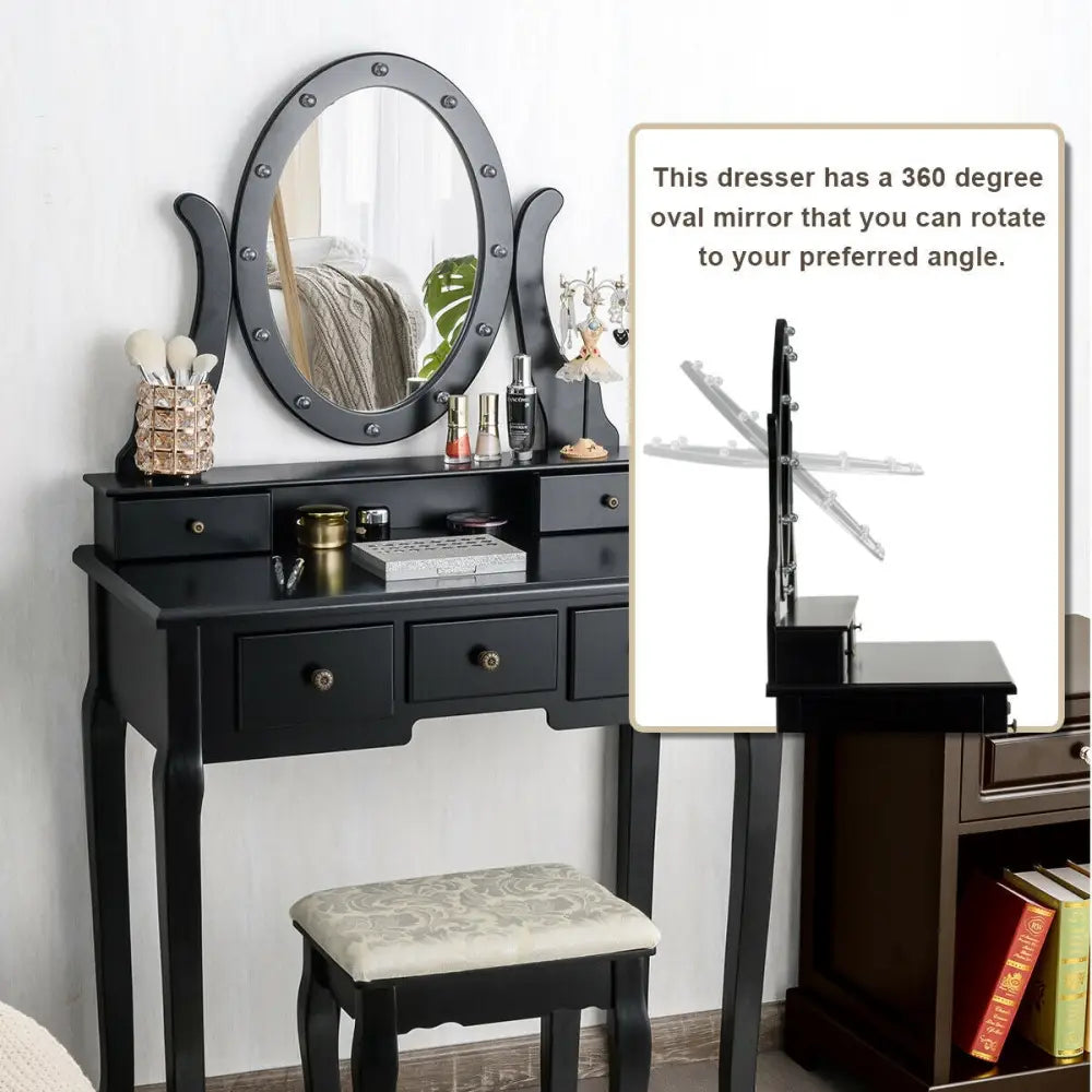 5 Drawers Vanity Table Stool Set with 12-LED Bulbs-Black - Black - Makeup Vanities