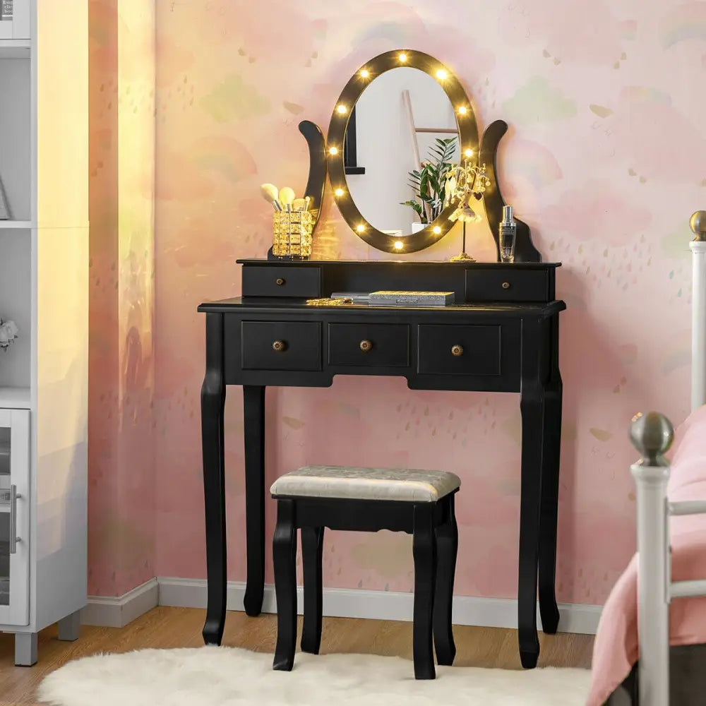 5 Drawers Vanity Table Stool Set with 12-LED Bulbs-Black - Black - Makeup Vanities