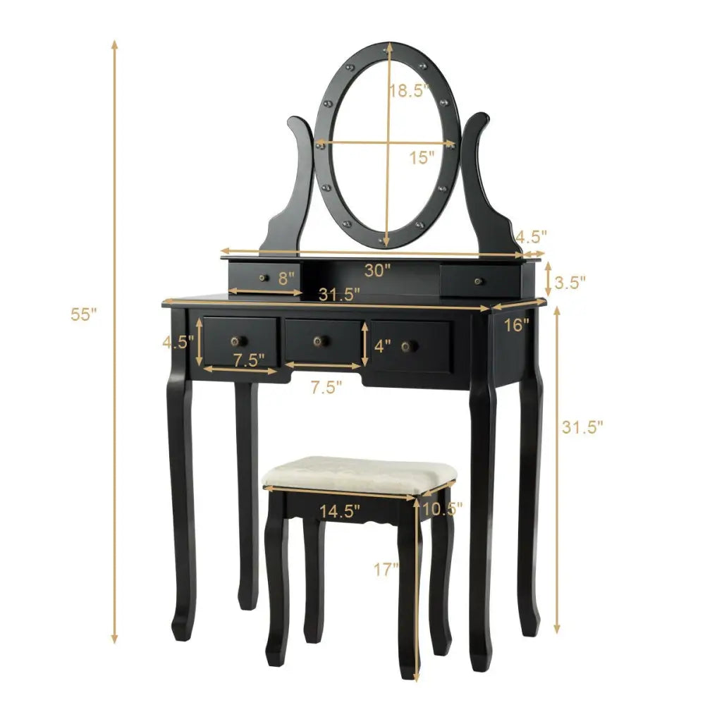 5 Drawers Vanity Table Stool Set with 12-LED Bulbs-Black - Black - Makeup Vanities