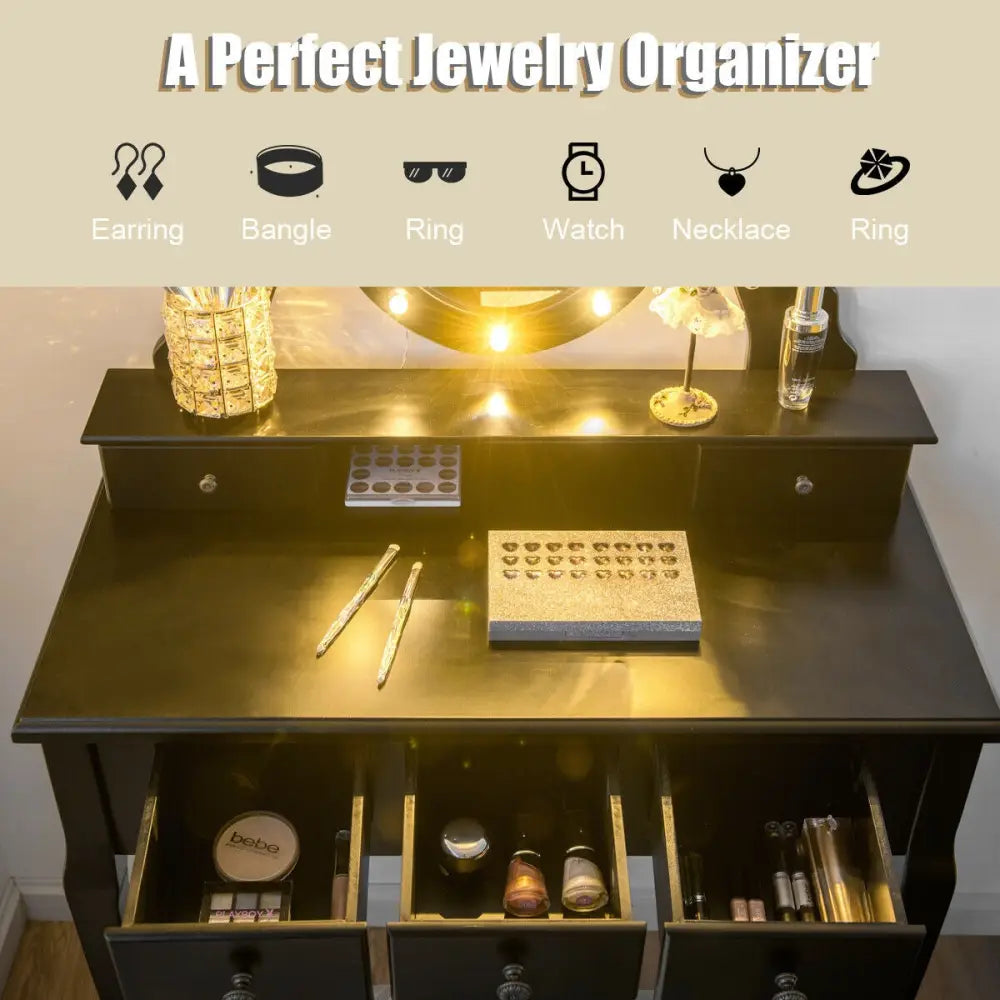 5 Drawers Vanity Table Stool Set with 12-LED Bulbs-Black - Black - Makeup Vanities