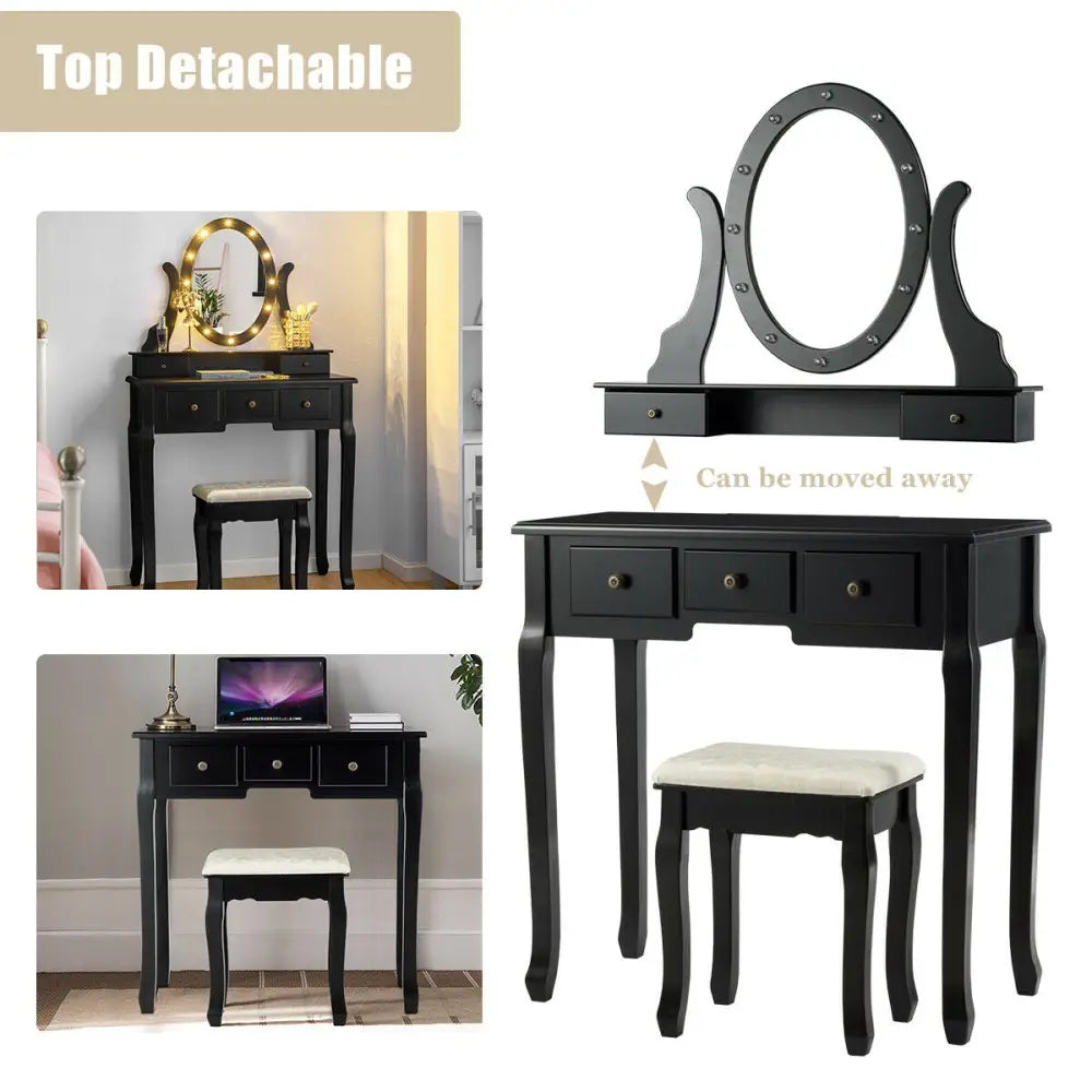 5 Drawers Vanity Table Stool Set with 12-LED Bulbs-Black - Black - Makeup Vanities