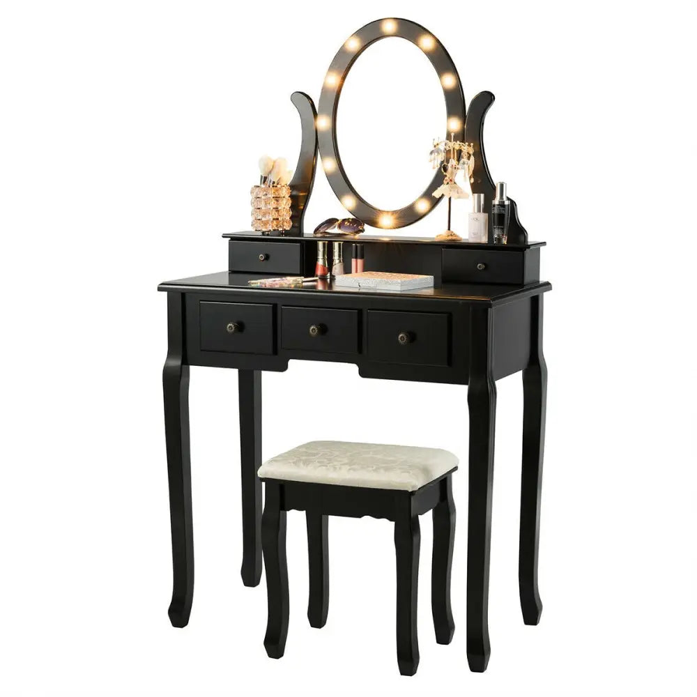 5 Drawers Vanity Table Stool Set with 12-LED Bulbs-Black - Black - Makeup Vanities