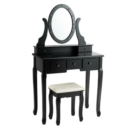 5 Drawers Vanity Table Stool Set with 12-LED Bulbs-Black Costway