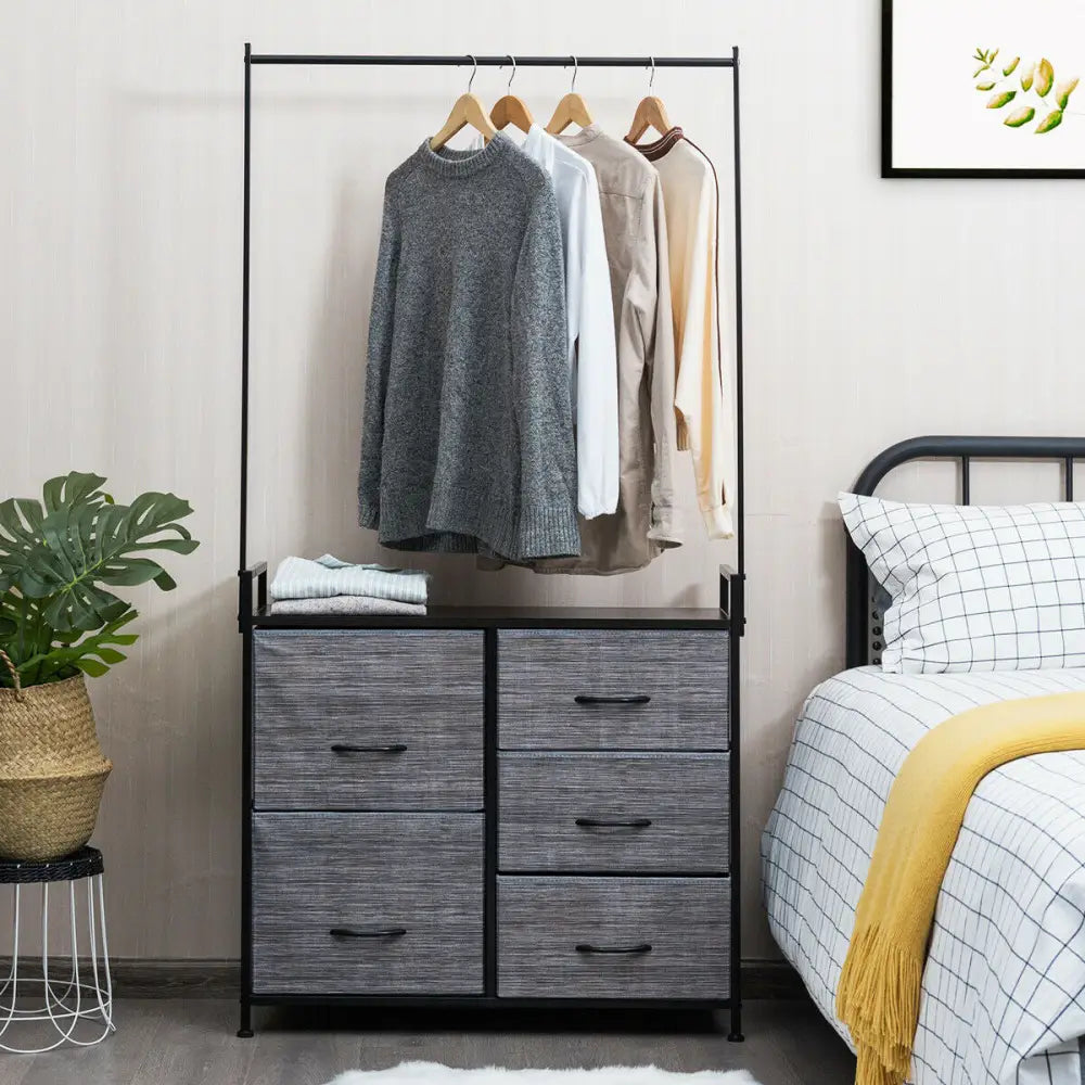 5 Fabric Drawers Dresser with Metal Frame and Wooden Top Costway