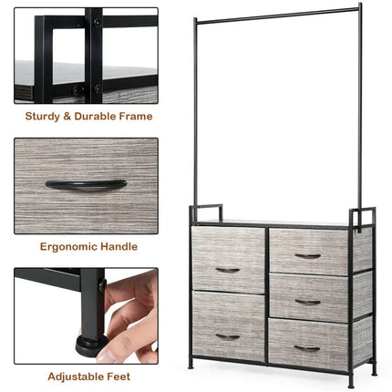 5 Fabric Drawers Dresser with Metal Frame and Wooden Top Costway