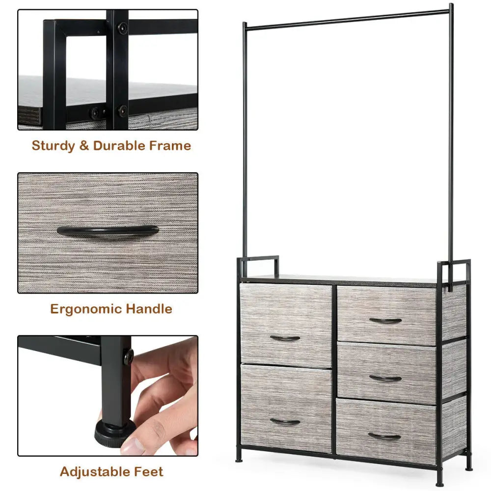 5 Fabric Drawers Dresser with Metal Frame and Wooden Top Costway