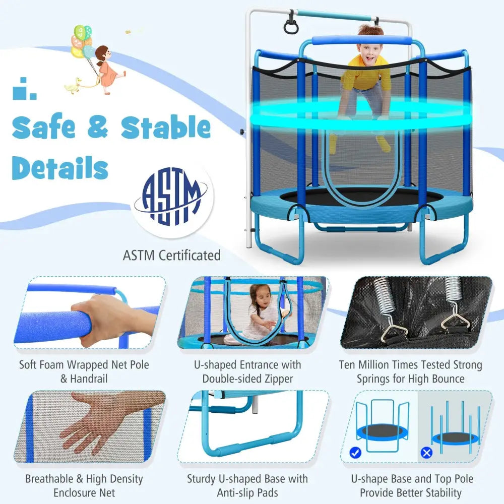 5 Feet Kids 3-in-1 Game Trampoline with Enclosure Net Spring Pad-Blue - Blue - Trampolines
