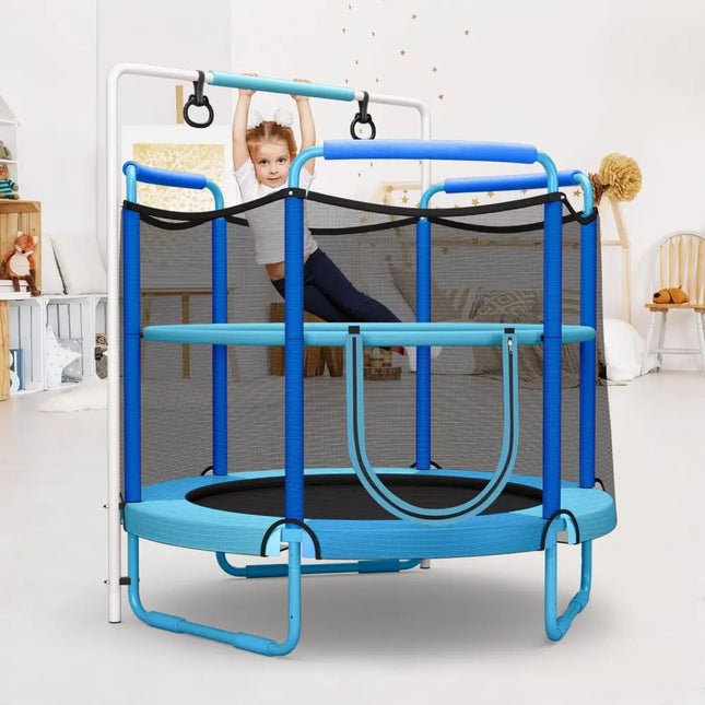 5 Feet Kids 3-in-1 Game Trampoline with Enclosure Net Spring Pad-Blue - Blue - Trampolines