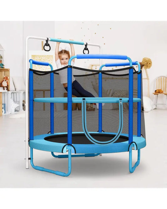 5 Feet Kids 3-in-1 Game Trampoline with Enclosure Net Spring Pad-Blue - Blue - Trampolines