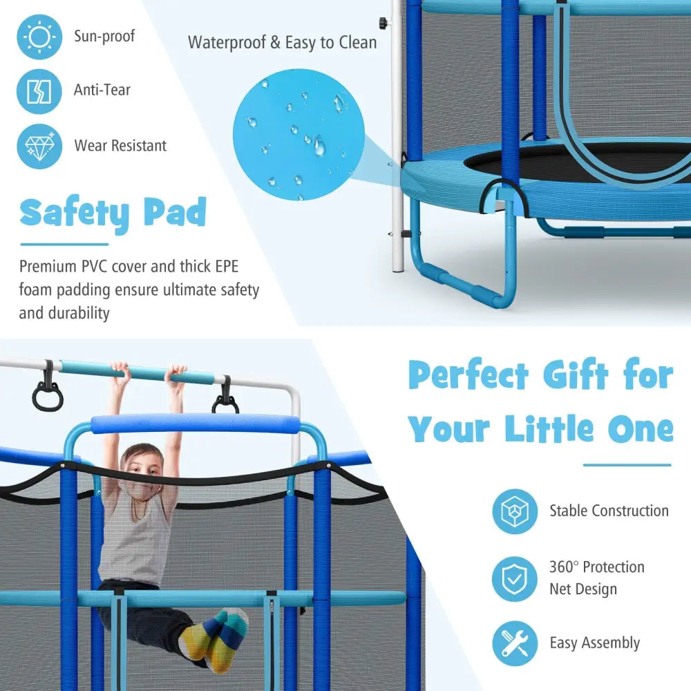 5 Feet Kids 3-in-1 Game Trampoline with Enclosure Net Spring Pad-Blue - Blue - Trampolines