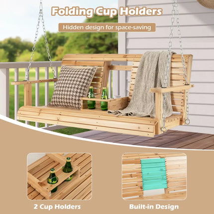 5 Feet Porch Swing Chair with Adjustable Chains and Foldable Cup Holders - Natural - Porch Swings