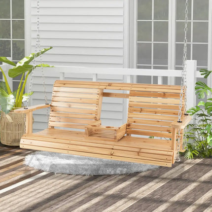 5 Feet Porch Swing Chair with Adjustable Chains and Foldable Cup Holders - Natural - Porch Swings
