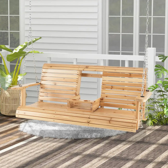 5 Feet Porch Swing Chair with Adjustable Chains and Foldable Cup Holders - Natural - Porch Swings