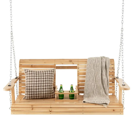 5 Feet Porch Swing Chair with Adjustable Chains and Foldable Cup Holders - Natural - Porch Swings
