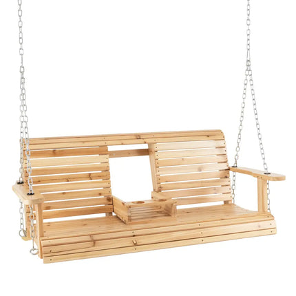 5 Feet Porch Swing Chair with Adjustable Chains and Foldable Cup Holders - Natural - Porch Swings