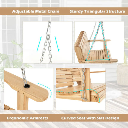 5 Feet Porch Swing Chair with Adjustable Chains and Foldable Cup Holders - Natural - Porch Swings