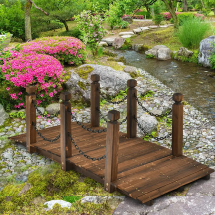 5 Feet Wooden Garden Bridge Arc Footbridge Stained Finish Walkway with Safety Rails - Brown - Outdoor Decor