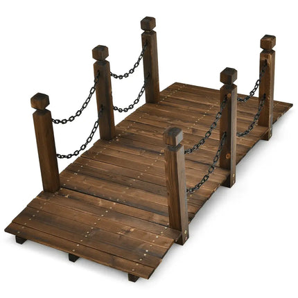 5 Feet Wooden Garden Bridge Arc Footbridge Stained Finish Walkway with Safety Rails - Brown - Outdoor Decor
