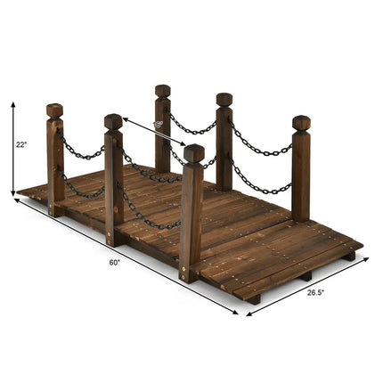 5 Feet Wooden Garden Bridge Arc Footbridge Stained Finish Walkway with Safety Rails - Brown - Outdoor Decor