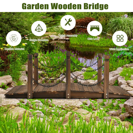 5 Feet Wooden Garden Bridge Arc Footbridge Stained Finish Walkway with Safety Rails - Brown - Outdoor Decor