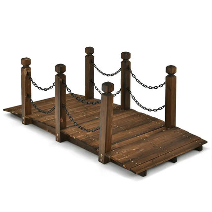 5 Feet Wooden Garden Bridge Arc Footbridge Stained Finish Walkway with Safety Rails - Brown - Outdoor Decor