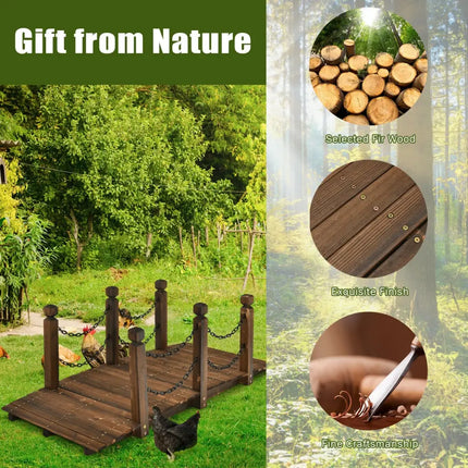5 Feet Wooden Garden Bridge Arc Footbridge Stained Finish Walkway with Safety Rails - Brown - Outdoor Decor