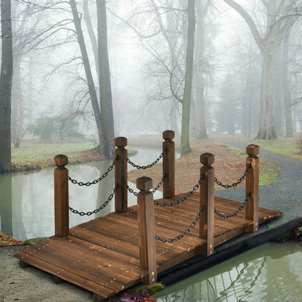 5 Feet Wooden Garden Bridge Arc Footbridge Stained Finish Walkway with Safety Rails - Brown - Outdoor Decor