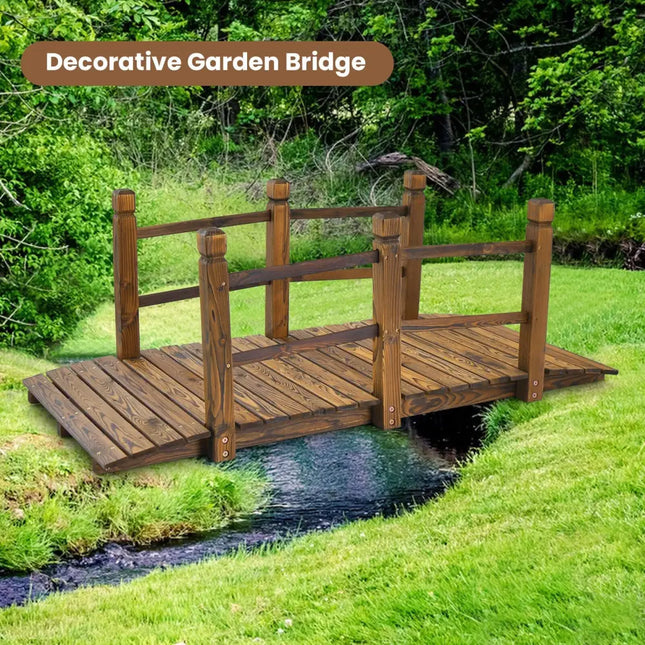 5 Feet Wooden Garden Bridge with Safety Rails-Brown - Brown - Outdoor Decor