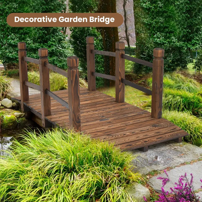 5 Feet Wooden Garden Bridge with Safety Rails-Brown - Brown - Outdoor Decor