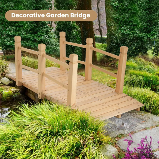 5 Feet Wooden Garden Bridge with Safety Rails-Natural - Natural - Outdoor Decor