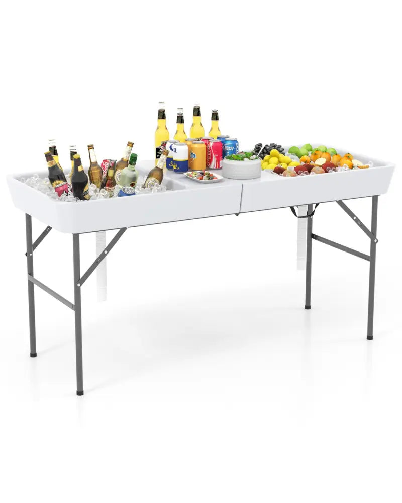 5 FT Folding Ice Cooler Table with Double Sinks for Camping Party Picnic Wedding-White - White - Camping Furniture