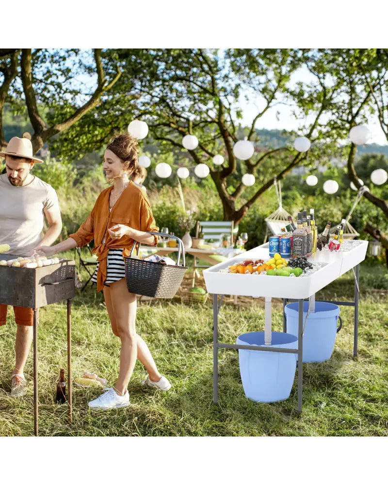 5 FT Folding Ice Cooler Table with Double Sinks for Camping Party Picnic Wedding-White - White - Camping Furniture