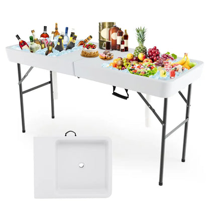 5 FT Folding Ice Cooler Table with Double Sinks for Camping Party Picnic Wedding-White - White - Camping Furniture