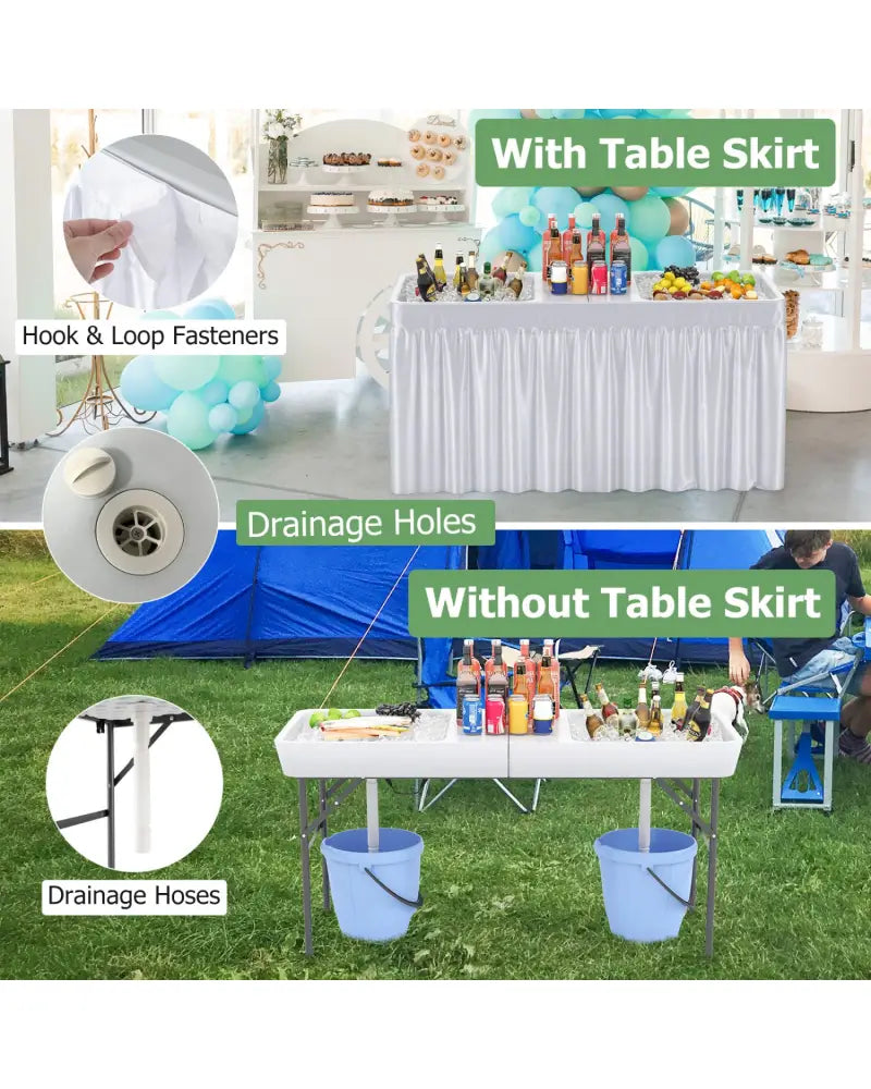 5 FT Folding Ice Cooler Table with Double Sinks for Camping Party Picnic Wedding-White - White - Camping Furniture