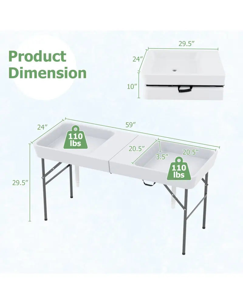 5 FT Folding Ice Cooler Table with Double Sinks for Camping Party Picnic Wedding-White - White - Camping Furniture