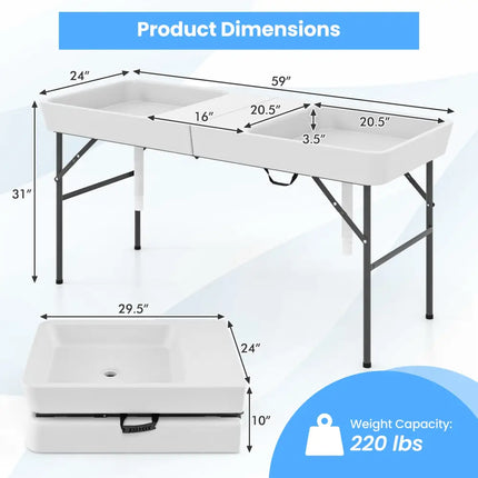 5 FT Folding Ice Cooler Table with Double Sinks for Camping Party Picnic Wedding-White - White - Camping Furniture
