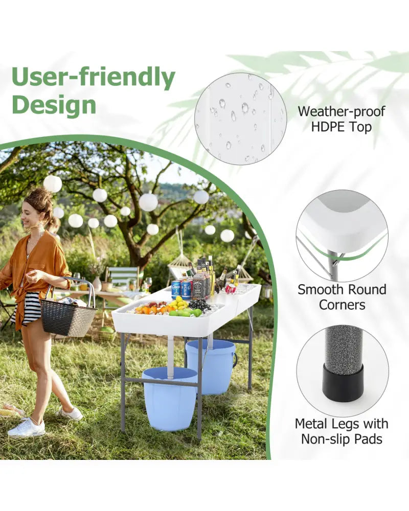 5 FT Folding Ice Cooler Table with Double Sinks for Camping Party Picnic Wedding-White - White - Camping Furniture