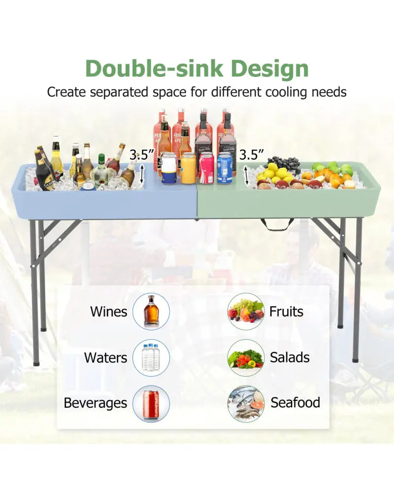 5 FT Folding Ice Cooler Table with Double Sinks for Camping Party Picnic Wedding-White - White - Camping Furniture