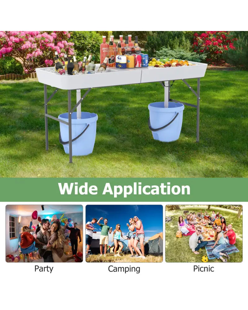 5 FT Folding Ice Cooler Table with Double Sinks for Camping Party Picnic Wedding-White - White - Camping Furniture
