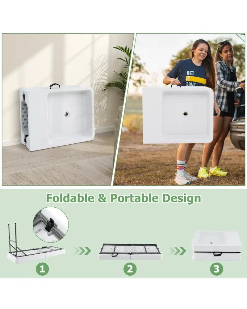 5 FT Folding Ice Cooler Table with Double Sinks for Camping Party Picnic Wedding-White - White - Camping Furniture